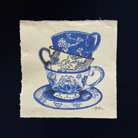 Tranh giấy dó 3 chén Mai Lê