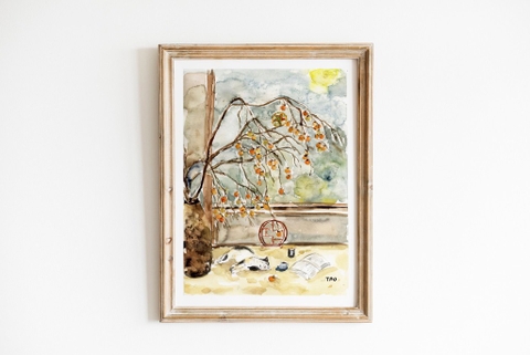 Tranh Tao A3 cat and persimmons