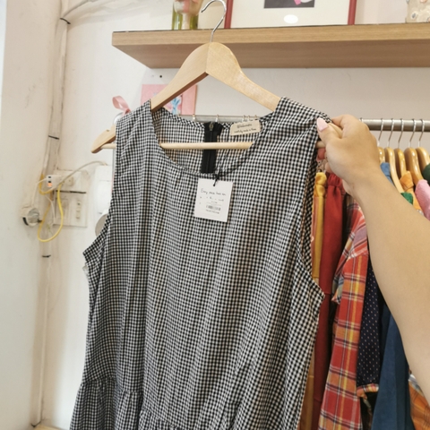 Jumpsuit XL Gingham Caro Đen Trắng Líu Lô