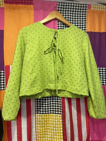 Áo tay lỡ cột nơ xanh lá cây chấm bi Líu Lô