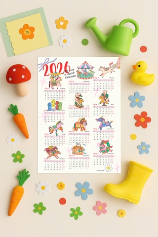 Lịch 2026 A4 Viet Folk Horses Posters Thingy