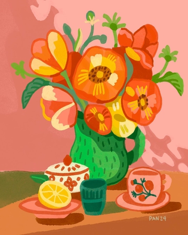 Tranh Pan A4 bình hoa hồng đỏ