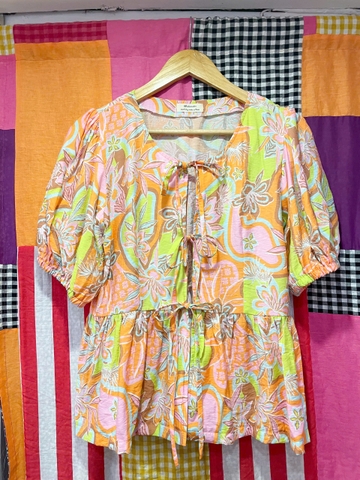 Áo hoa cam xanh cột nơ tay lỡ Líu Lô