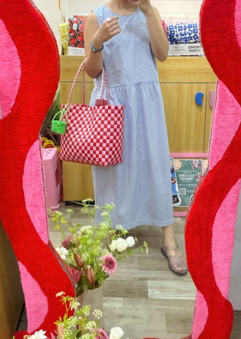 Váy dài không tay sọc nhỏ xanh trắng Líu Lô 890