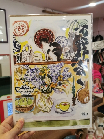 Tranh Tao A4 Still life with cat ( yellow wall )