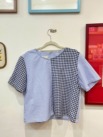 Áo cộc tay kẻ caro xanh blue nhạt Líu Lô 450