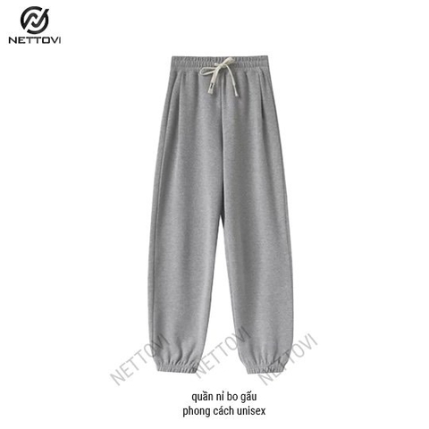 Quần Nỉ Bo Gấu Chất Liệu Nỉ Bông Cotton Dày Dặn NETTOVI, Quần Jogger Nỉ Ống Rộng Nam Nữ Dây Rút Bo Chun Gấu
