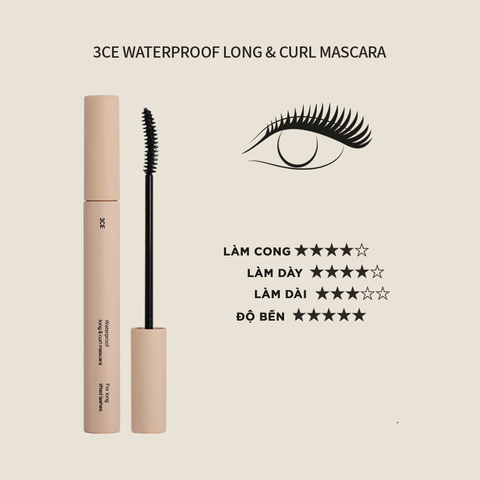 3CE Mascara Chuốt Mi Waterproof Long & Curl Mascara #Black 5.5g (IP01)