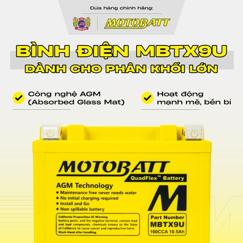Bình điện phân khối lớn Motobatt Quadflex 12V 10,5Ah  hỗ trỡ nhiều dòng xe bảo hành 12 tháng chính hãng