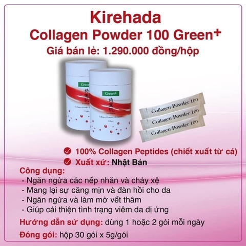 [Chính hãng] Collagen Nhật Kirehada Collagen Powder 100 Green+ (gói bột): Đẹp Da, Giữ Dáng, Hạn Chế Quá Trình Lão Hóa Da