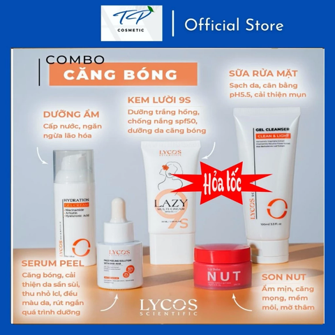 Combo CĂNG BÓNG Lycos (Gel Rửa Mặt – Kem lười 9s 3in1, Tinh Chất Peeling, Gel Cấp Ẩm, Son Dưỡng NUT)