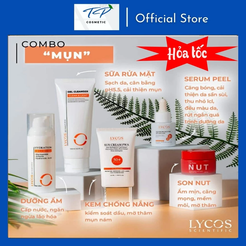 Combo Hỗ trợ giảm Mụn Lycos (Gel Rửa Mặt – Kem Chống Nắng – Tinh Chất Peeling – Gel Cấp Ẩm – Son)