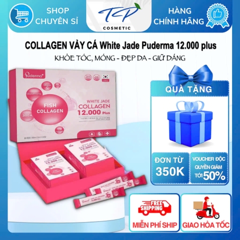 Collagen vảy cá White Jade Puderma 12.000 plus giúp giảm nếp nhăn, mờ thâm nám, tăng cường nội tiết tố nữ, tóc chắc khỏe