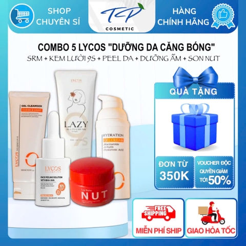 Combo CĂNG BÓNG Lycos (Gel Rửa Mặt – Kem lười 9s 3in1, Tinh Chất Peeling, Gel Cấp Ẩm, Son Dưỡng NUT)
