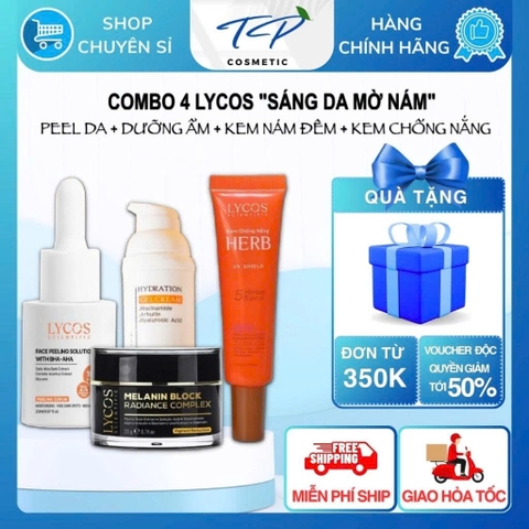 Combo 4 Sáng Da Mờ Nám Lycos: Peel Da Lycos + Kem Nám Lycos + Dưỡng ẩm Lycos + Kem Chống nắng Lycos