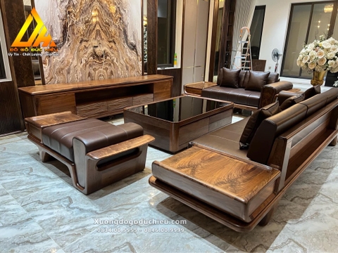Combo Sofa Kệ Tivi Vách gỗ Óc Chó