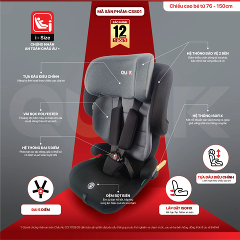 Ghế Ngồi Ô Tô Cho Trẻ Em CS801 I-Size 76-150cm (12 tháng - 15 tuổi) - Chuẩn UN R129