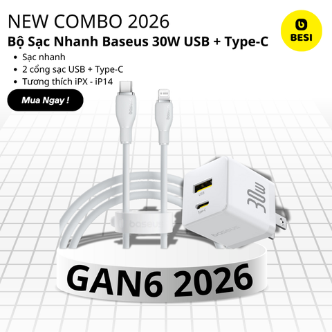 Combo Cốc Cáp Sạc Baseus 30W - Sạc Nhanh - Không Nóng Máy (Cốc Type-C + USB, Cáp Type-C to Ln 1m)