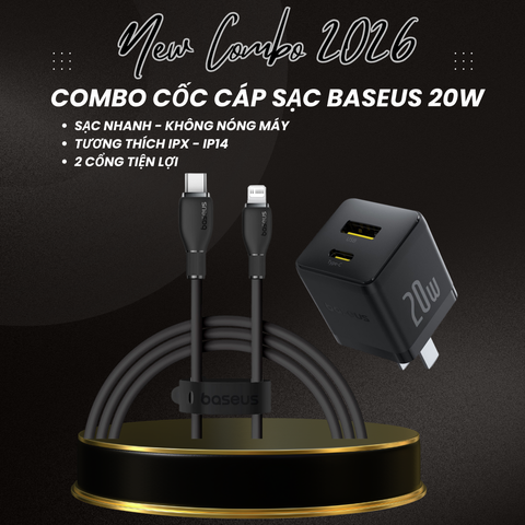 Combo Cốc Cáp Sạc Baseus 20W - Sạc Nhanh - Không Nóng Máy (Cốc Type-C + USB, Cáp Type-C to Ln 1m)