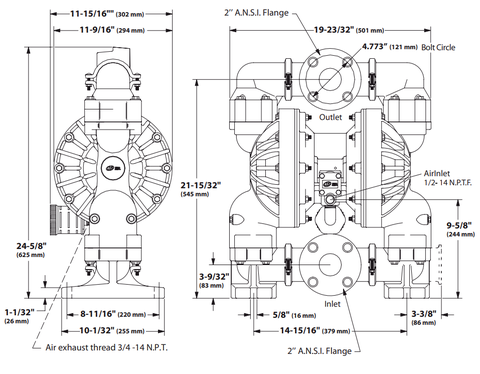 Kích thước bơm màng ARO 6662A3-3EB-C