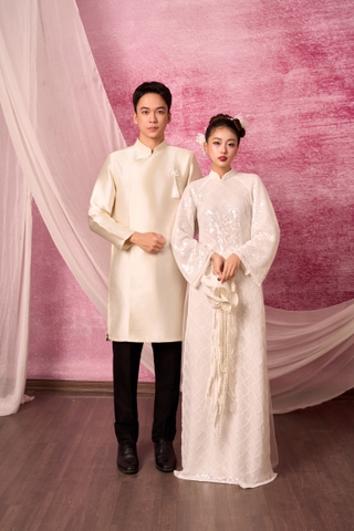 Áo dài cặp  mix trắng be 03
