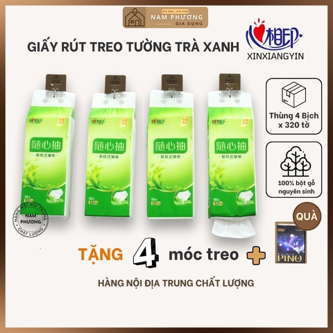 Giấy Rút Treo Tường Trà Xanh Xinxiangyin Hàng Nội Địa Trung Cao Cấp Thùng 4 Bịch 320 Tờ 4 Lớp