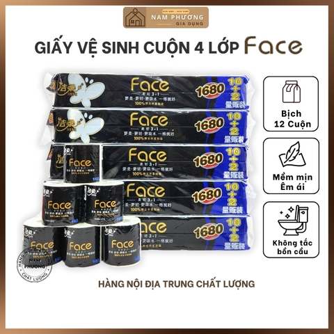 Giấy Vệ Sinh Cuộn 4 Lớp FACE Bịch 12 Cuộn - Tự Phân Hủy, Nhanh Tan Trong Nước - K56