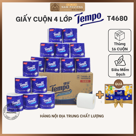 Giấy Vệ Sinh Cao Cấp 4 Lớp Tempo Hàng Nội Địa Trung 1 mặt mịn 1 mặt nhám lau siêu sạch dễ tan trong nước không lo tắc bồn cầu K40