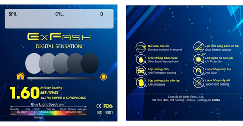 Tròng kính đổi màu Khói & Ánh sáng xanh Exfash Hàn Quốc 1.6