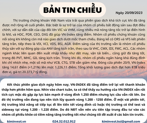 Bản tin thị trường ngày 20/09/2023
