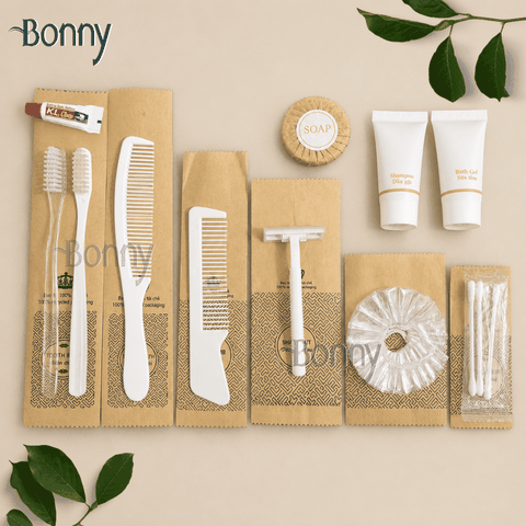 Bộ đồ dùng khách sạn Amenities túi giấy Kraft ruột nhựa bịch 100c