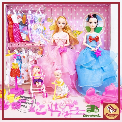 Búp bê công chúa 3D có khớp linh hoạt kèm 2 búp bê loại nhỏ và nhiều phụ kiện ( váy, trang sức, gương,.....) để tạo kiểu