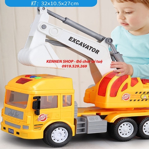 Mô hình máy xúc, trộn bê tông, cẩu bánh đà khoẻ kèm đèn nhạc