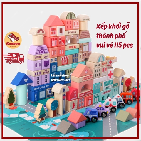 Xếp khối gỗ thành phố 115 chi tiết gỗ tự nhiên cao cấp