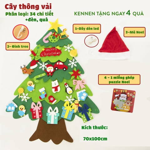 Cây thông noel vải dạ treo tường-cây thông noel treo tường trang trang trí mẫu mới 2022 tặng đèn mũ Noel