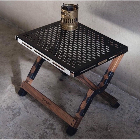 Bàn Cà phê mặt kim loại chân gỗ, Bàn cắm trại dã ngoại kim loại gấp gọn