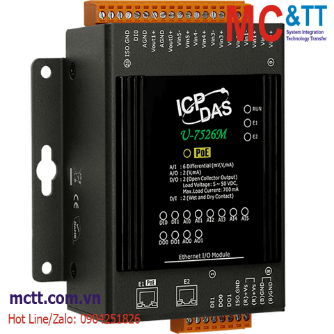 Module Ethernet OPC UA + MQTT 6 kênh AI + 2 kênh AO + 2 kênh DI + 2 kênh DO ICP DAS U-7526M CR