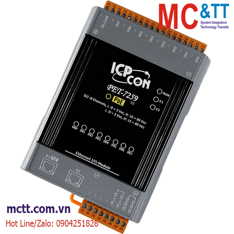 Module 2 cổng PoE Ethernet Modbus TCP 8 kênh AC/DC DI ICP DAS PET-7259 CR