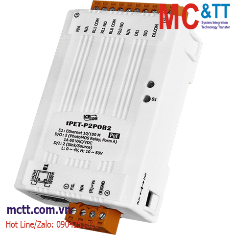 Module PoE Ethernet Modbus TCP 2 kênh DI + 2 kênh PhotoMOS Relay ICP DAS tPET-P2POR2 CR