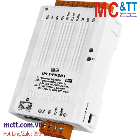 Module PoE Ethernet Modbus TCP 2 kênh DI + 1 kênh Power Relay ICP DAS tPET-PD2R1 CR
