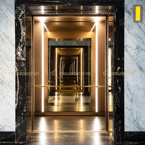 Ốp Inox Cabin Thang Máy Inox Vàng Đồng Kết Hợp Giấy - Mẫu OCTM11