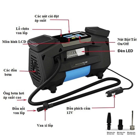 Máy Bơm Lốp Ô tô Xe Máy Michelin 12314 Kỹ thuật số 2 Piston siêu tốc Cao Cấp 12V Đa Năng Tự Ngắt (12314)