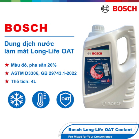 Nước làm mát Long-Life OAT Coolant chính hãng Bosch, pha sẵn 20%, màu Đỏ (Red), Can 4L (1987124101)