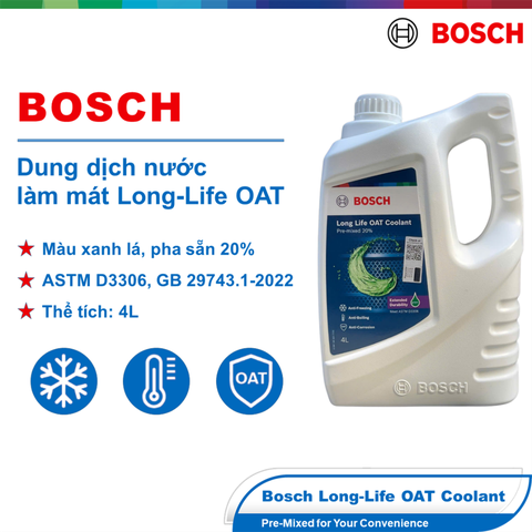 Nước làm mát Long-Life OAT Coolant chính hãng Bosch, pha sẵn 20%, màu Xanh lá (Green), Can 4L (1987124102)