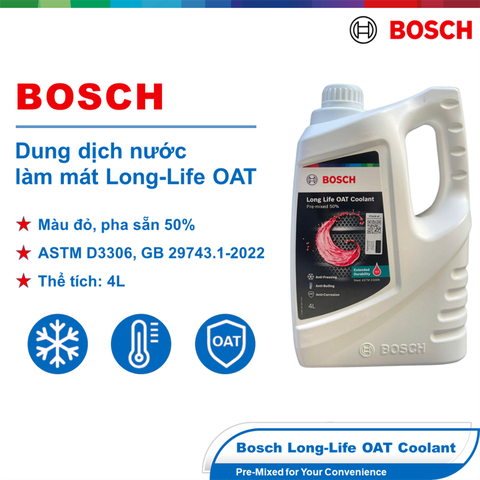 Nước làm mát Long-Life OAT Coolant chính hãng Bosch, pha sẵn 50%, màu Đỏ (Red), Can 4L (1987124103)