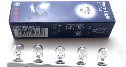 Bóng đèn phanh, soi biển số chân cắm T10 W5W 12V - 501 chính hãng Bosch (1987302206) - Giá 10 bóng