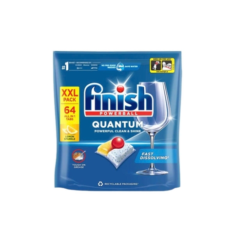 Viên rửa chén bát Finish Quantum All in One Powerball nhập khẩu châu âu - Túi 64v - Hương chanh (Mã VN)