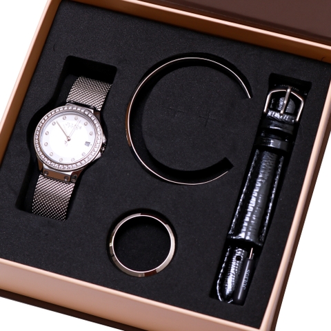 Combo Quà Tặng Đồng Hồ Nữ Julius Star JS-040A Sapphire Julius Star Hàn Quốc Dây Thép (Bạc)