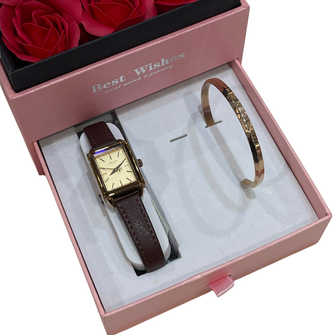 Combo Đồng Hồ Nữ Julius Hàn Quốc Dây Da JA-787E + Vòng Tay Julius JSB078