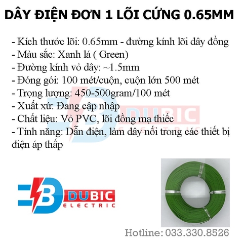 Dây điện đơn 1 lõi đồng cứng mạ thiếc 0.65mm - 100 mét | Dubic Electric